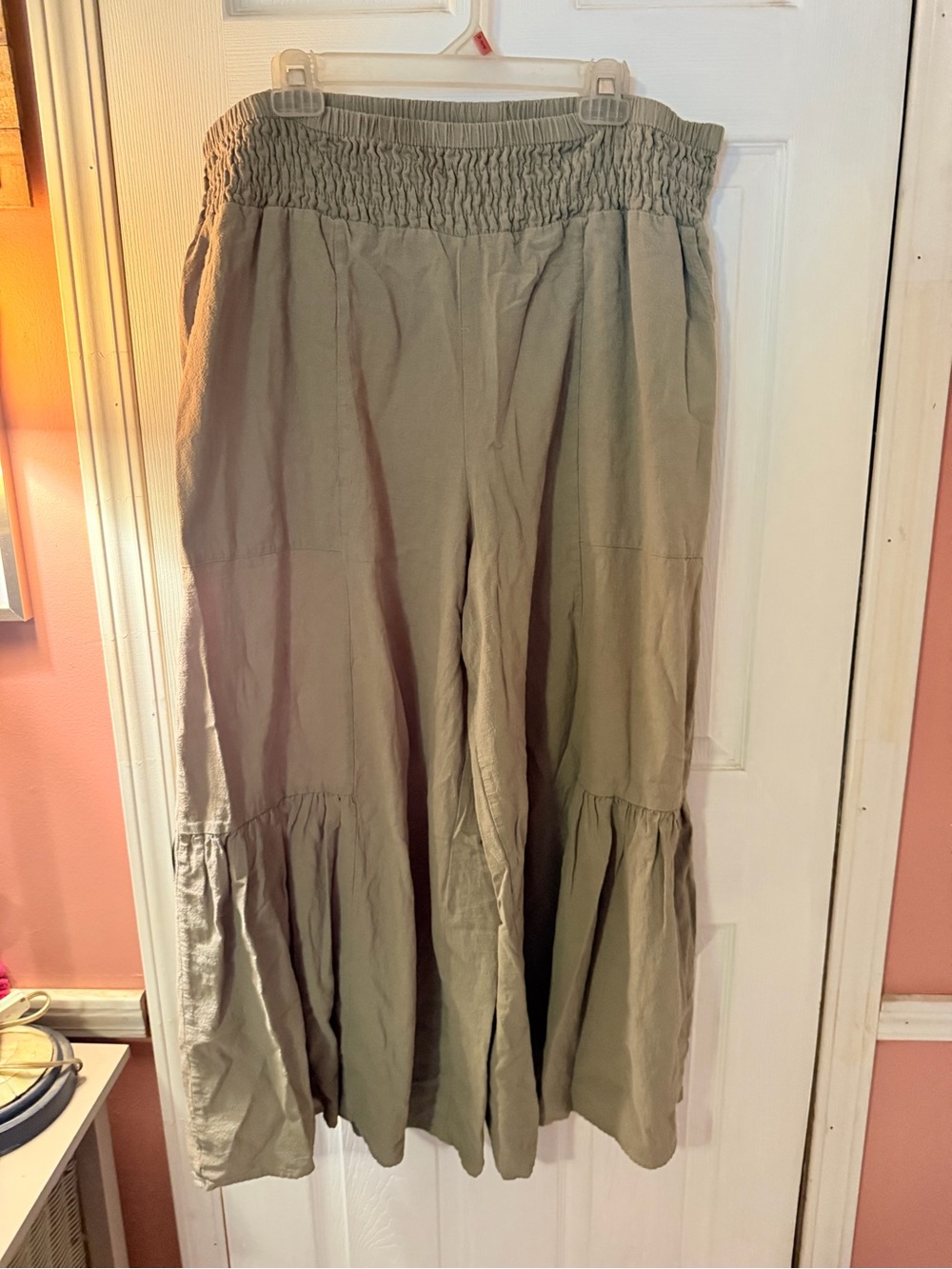 Wide Leg Tiered Palazzo Pants in Olive Green, smocked waistline - Picture 1 of 7